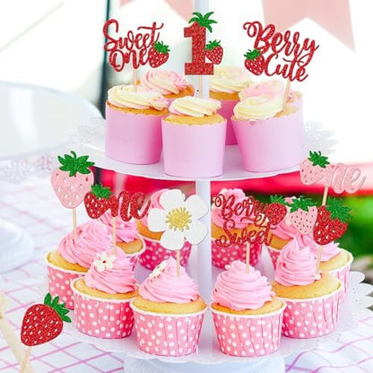Sparkling red strawberry birthday cupcake decorations