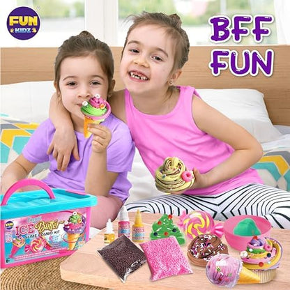 Airtight storage containers shaped like ice cream cones filled with decorated fluffy slime.