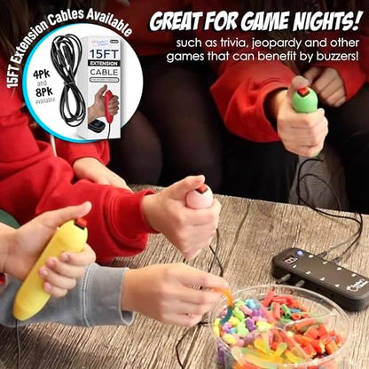 Multi-colored joystick buzzers for trivia games