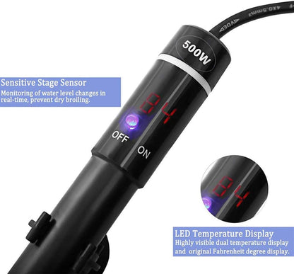 Submersible titanium heating rod inside aquarium