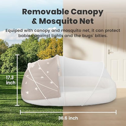 Bnakkon infant lounger bed displaying the hanging tactile development toys overhead