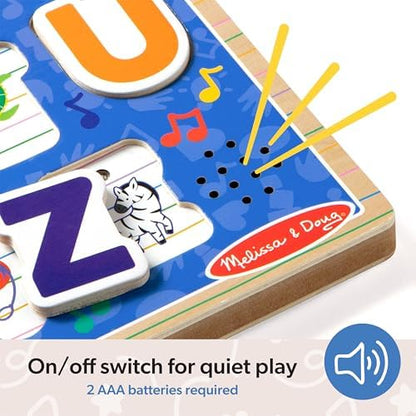 Back view of the official wooden educational alphabet toy detailing the power switch location