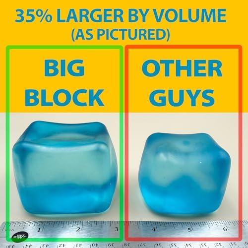 An adult hand compressing the blue Big Block fidget toy to demonstrate the firm slow rise gel resistance.