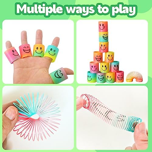 Hand stretching a miniature plastic coil toy to demonstrate its flexible elasticity and durable construction.