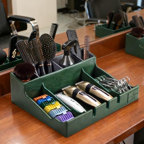 Noverlife professional salon countertop tray showcasing secure compartments for hair trimmers and styling shears.