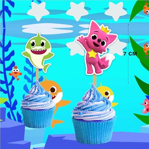Baby Shark themed birthday cupcake topper display