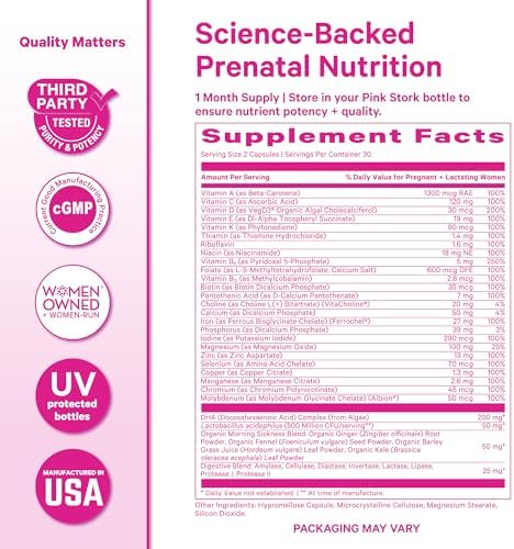 Pink Stork prenatal dietary supplement packaging and bottle for daily wellness