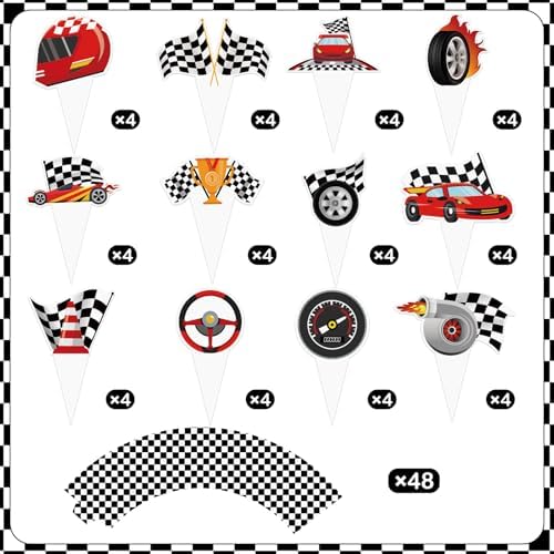 Example of decorated cupcakes using Hxezoc race car toppers and wrappers