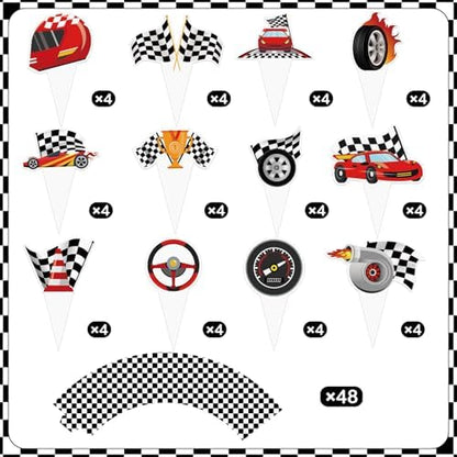 Example of decorated cupcakes using Hxezoc race car toppers and wrappers