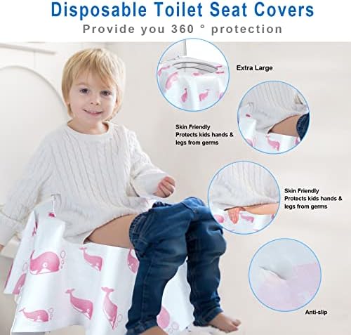 Extra large pink disposable toilet seat cover unfolded showing dimensions