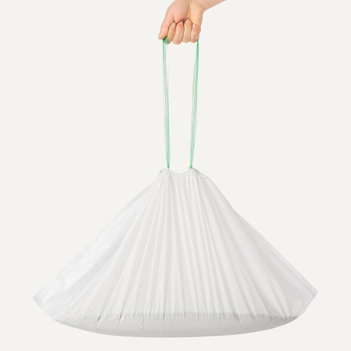 Heavy duty tear resistant cat waste receptacle liners showing drawstring functionality
