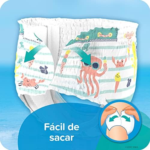 Back packaging view of Pampers swim diapers with sizing chart information