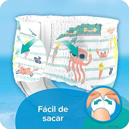 Back packaging view of Pampers swim diapers with sizing chart information