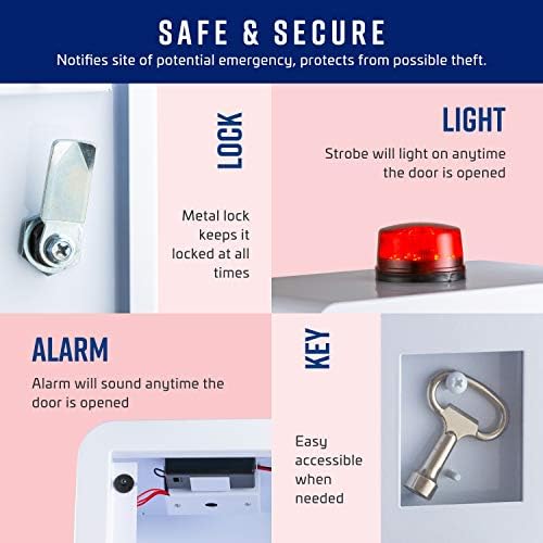 Compact stainless steel medical cabinet with key lock and emergency notification system.