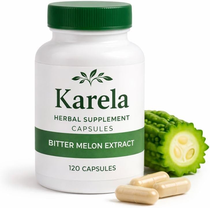 Sowell Health Karela Herbal Vitamin Supplement 120 capsules front view bottle showing bitter melon extract details for blood sugar support.