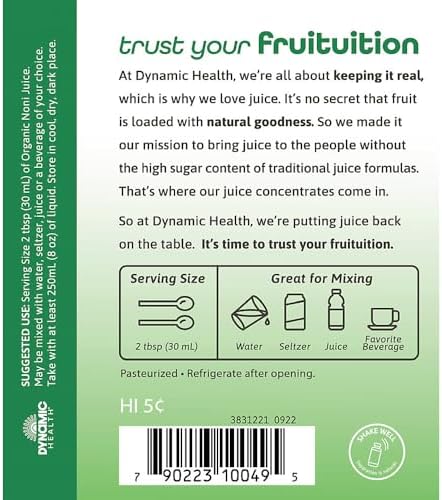 Liquid dietary supplement bottle of Dynamic Health Morinda citrifolia juice