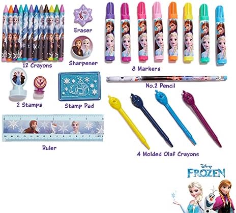 Disney Frozen 2 kids coloring set with crayons markers gel pens and stamp pad arranged neatly.