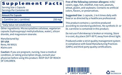 Klaire Labs L-Carnitine dietary supplement ingredient details