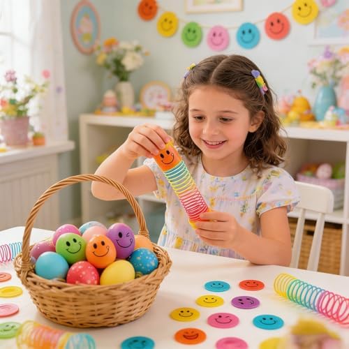 Assorted colorful miniature slinky springs arranged neatly for party goodie bags