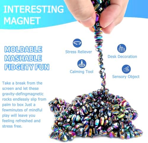 WSEJK executive desk toy package contents highlighting the miniature size of the colored magnetic rocks
