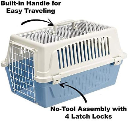 Ferplast premium blue cat crate with front door open demonstrating stress free pet access.
