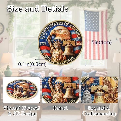 Close up look at the detailed enamel colors and plated finish of the american semiquincentennial coin