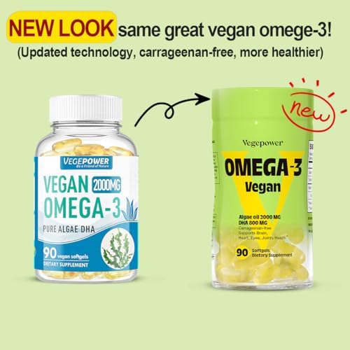 VEGEPOWER 2000mg algae oil softgels bottle showing supplement facts and plant based ingredients