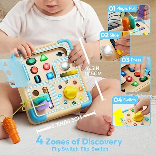 Lalalark Wooden Sensory Board being operated by a child to develop fine motor skills.