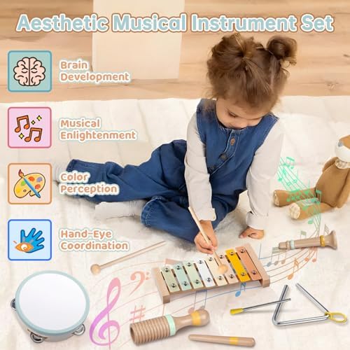 Montessori wooden percussion toys showing neutral color maracas and triangle striker