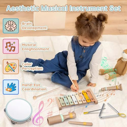 Montessori wooden percussion toys showing neutral color maracas and triangle striker