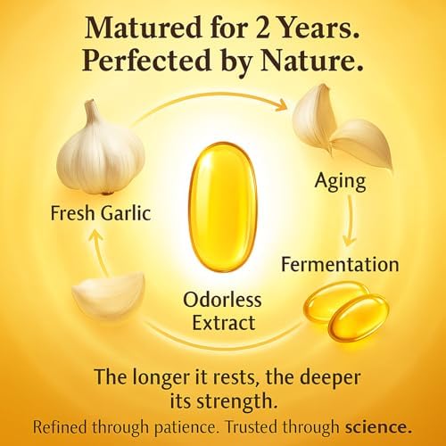 Odorless organic garlic capsules by ELARE highlighting the two year maturation immune formula.