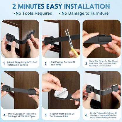 Full contents of the ten piece baby safety lock set displayed clearly with premium adhesive backings visible.