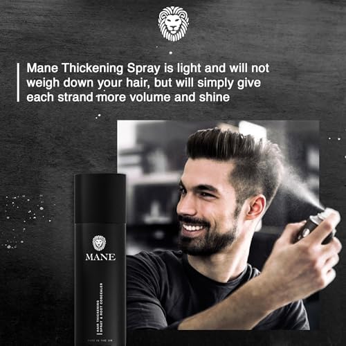Model demonstrating Mane hair thickening spray on thinning hair