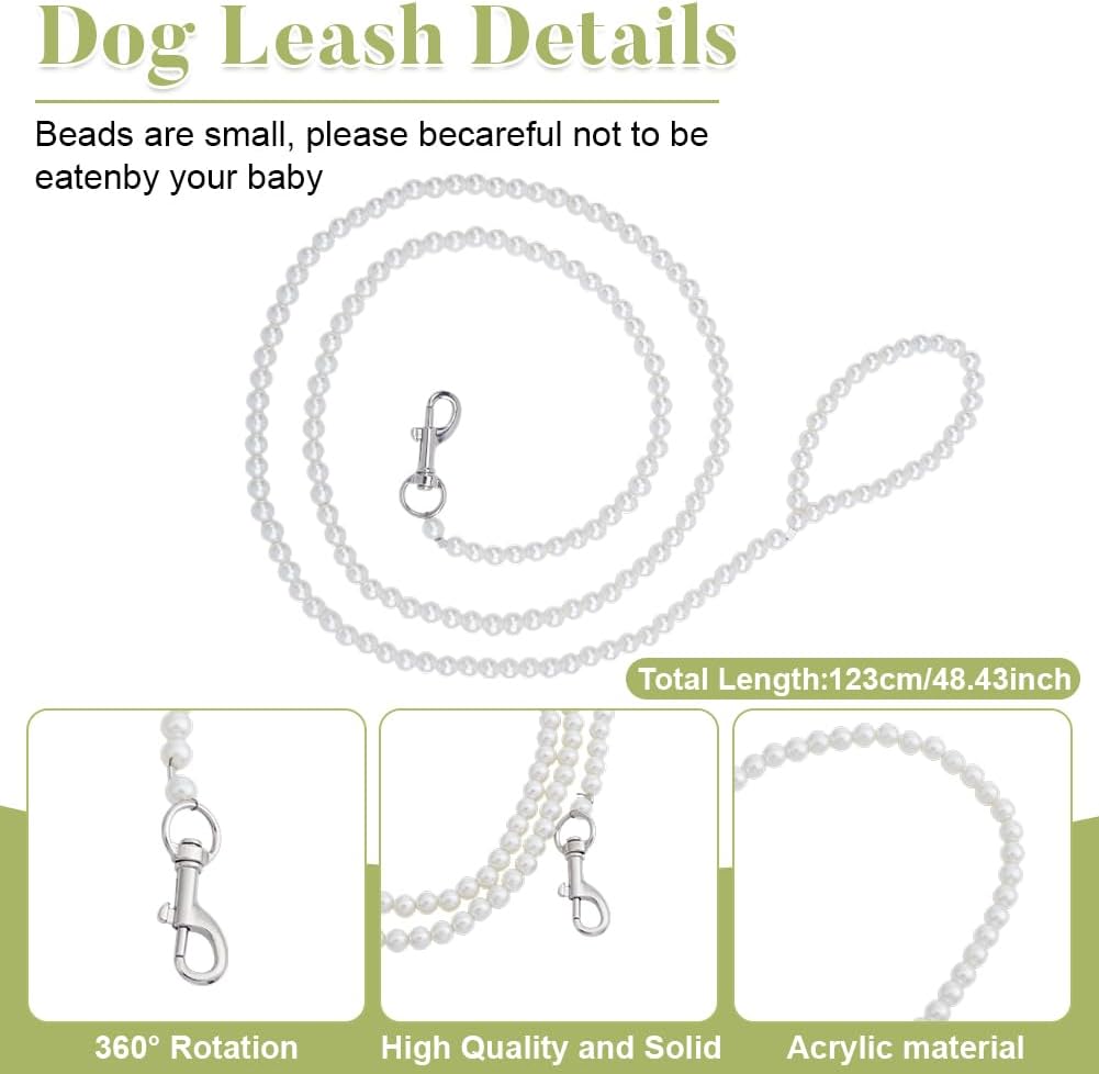 Premium faux pearl beaded dog leash with heavy duty silver attachment clasp