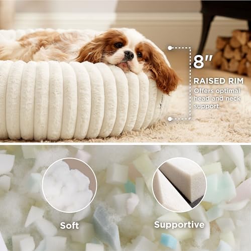 Bedsure ComfyFleece(TM) Donut Medium Dog Bed - Washable Faux Fur with Corduroy Fleece & Anti Slip Bottom, Round Pet Bed with Removable Cover, Cream, 30x30x8 inches - Image 3