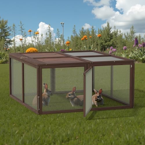 Chicken Coop, Wooden Rabbit Hutch Outdoor Indoor Folding Bunny Cage with Handle Portable Chicken Run with Top & Side Opening Doors Small Animal Playpen No Assembly Pet Poultry Cage for Bunny(Brown) - Image 7
