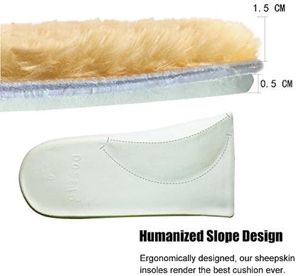 Top down view of the fluffy white Australian lambswool surface of the insole.