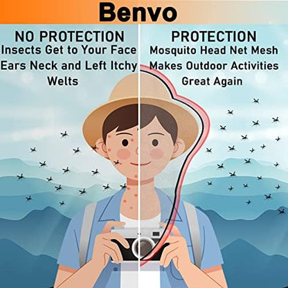 Person wearing Benvo mosquito net over a hat