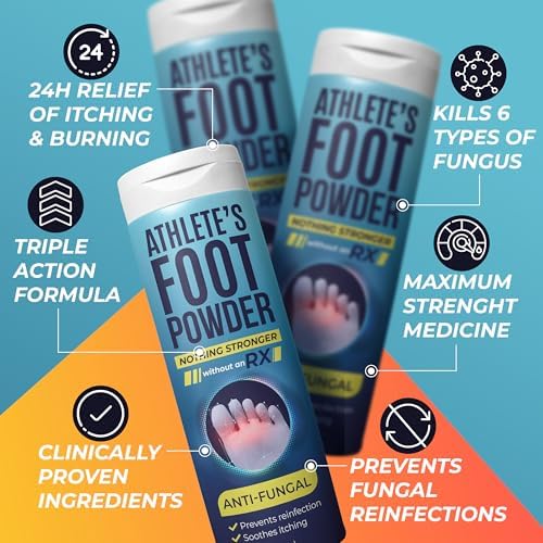 Three bottles of Terramed Just Think Comfort foot care powder for preventing fungal reinfection