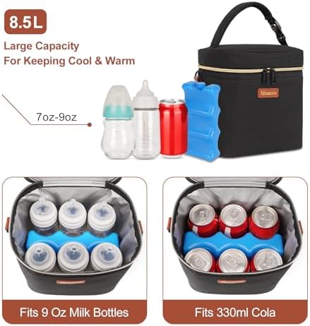 Black baby bottle cooler bag with top handle detail