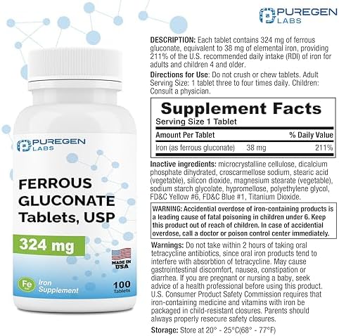 Puregen Labs high potency iron supplement container displaying nutritional facts and elemental iron dosage.