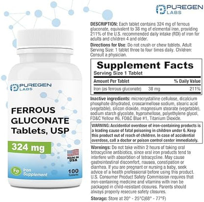Puregen Labs high potency iron supplement container displaying nutritional facts and elemental iron dosage.