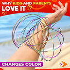 Two pieces of stainless steel magic bracelet toys displaying the colorful rainbow finish