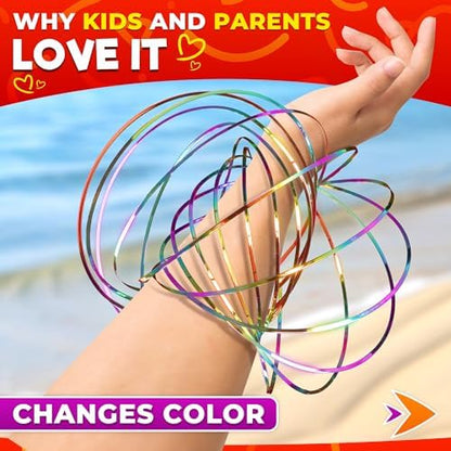 Two pieces of stainless steel magic bracelet toys displaying the colorful rainbow finish
