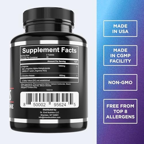 Dr. Emil Nutrition Arginine Plus bottle side view with ingredient list.