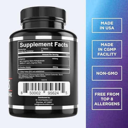 Dr. Emil Nutrition Arginine Plus bottle side view with ingredient list.