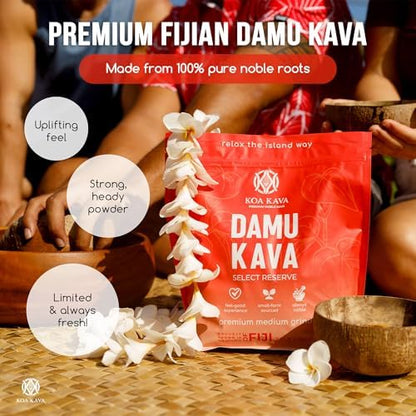 Koa Kava Damu authentic 8 ounce traditional medium grind kava powder label details