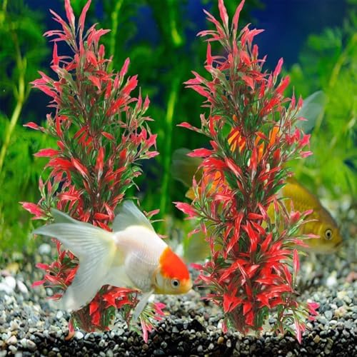 Two pieces of tall red gladiolus fake seaweed arranged inside a freshwater aquarium setup.