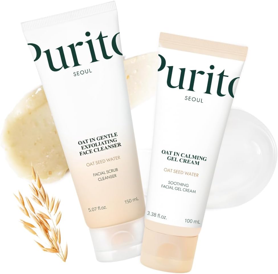 Purito Oat Velvet Duo calming gel cream and exfoliating facial polish front view skincare set