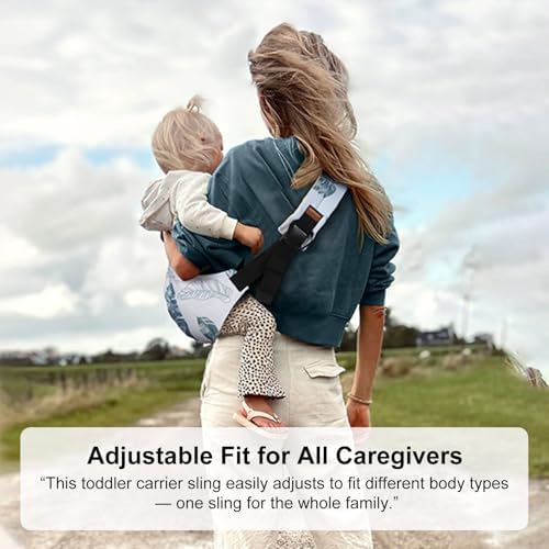 Huefain lightweight cotton toddler carrier demonstrating side hip carry position
